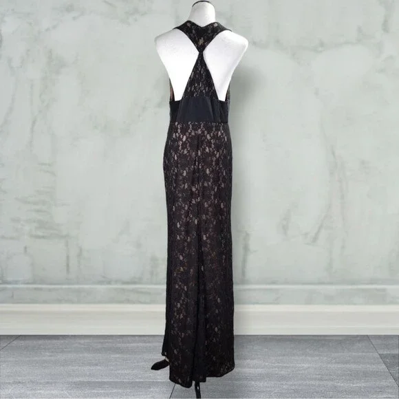 BCBGMaxazria Serafina Lace Overlay Formal Dress Size 12 Black Front Split Plunge Maxi